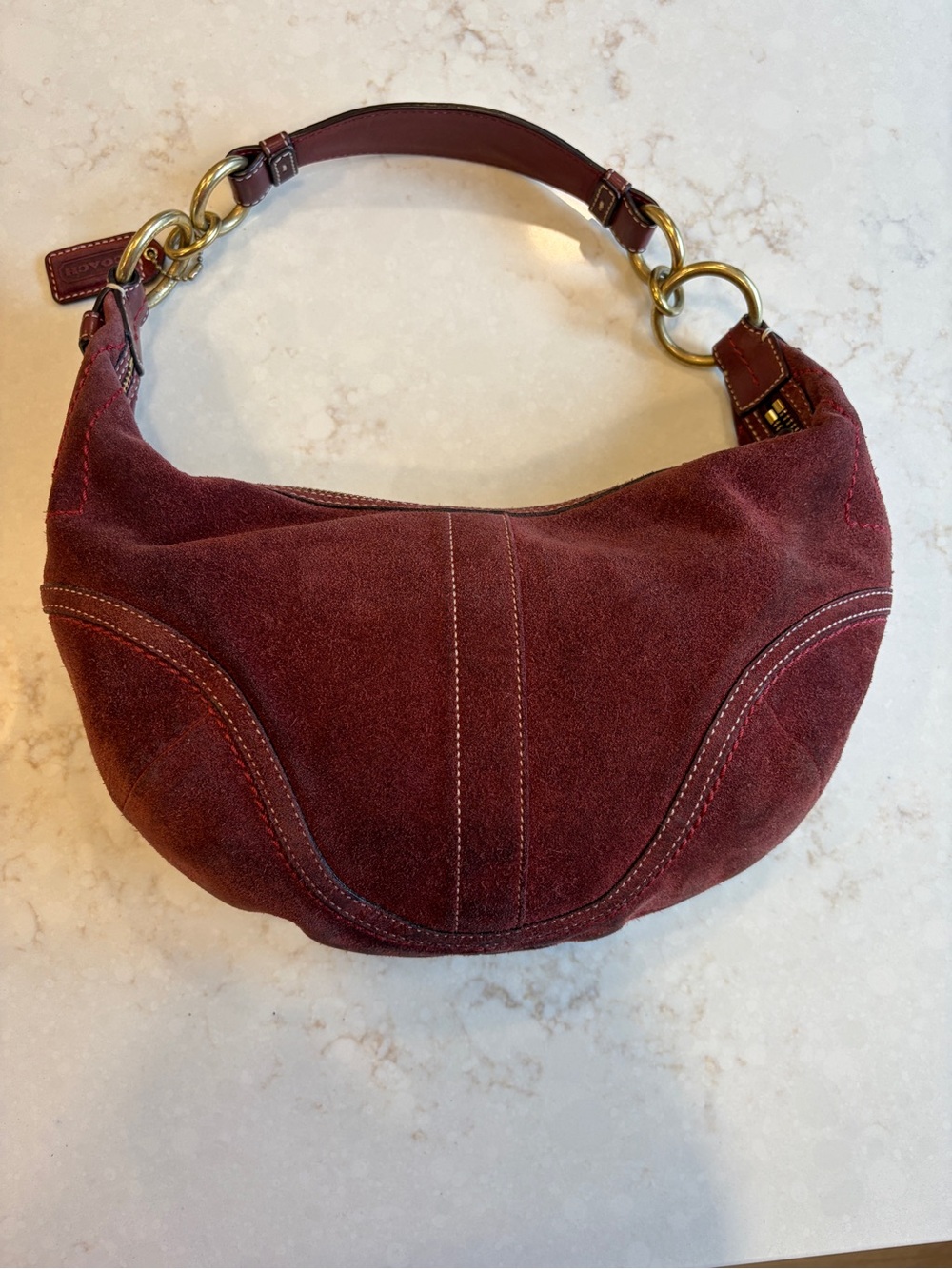 Coach Y2K Burgundy Suede Hobo Shoulder Bag Style F10834 Brass Ring Hardware